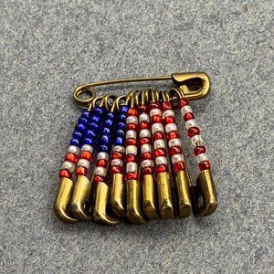 Flag Safety Pin Brooch Seed Beads Red White Blue